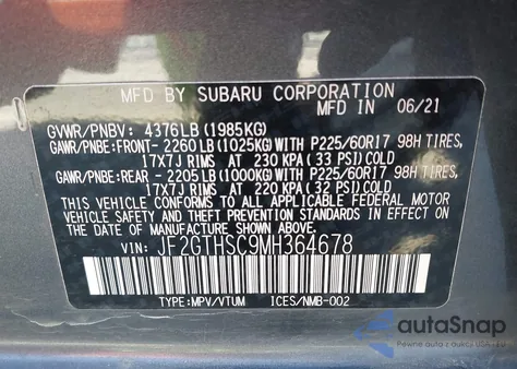 2021 Subaru Crosstrek Sport z USA, uszkodzony, nr VIN JF2GTHSC9MH364678
